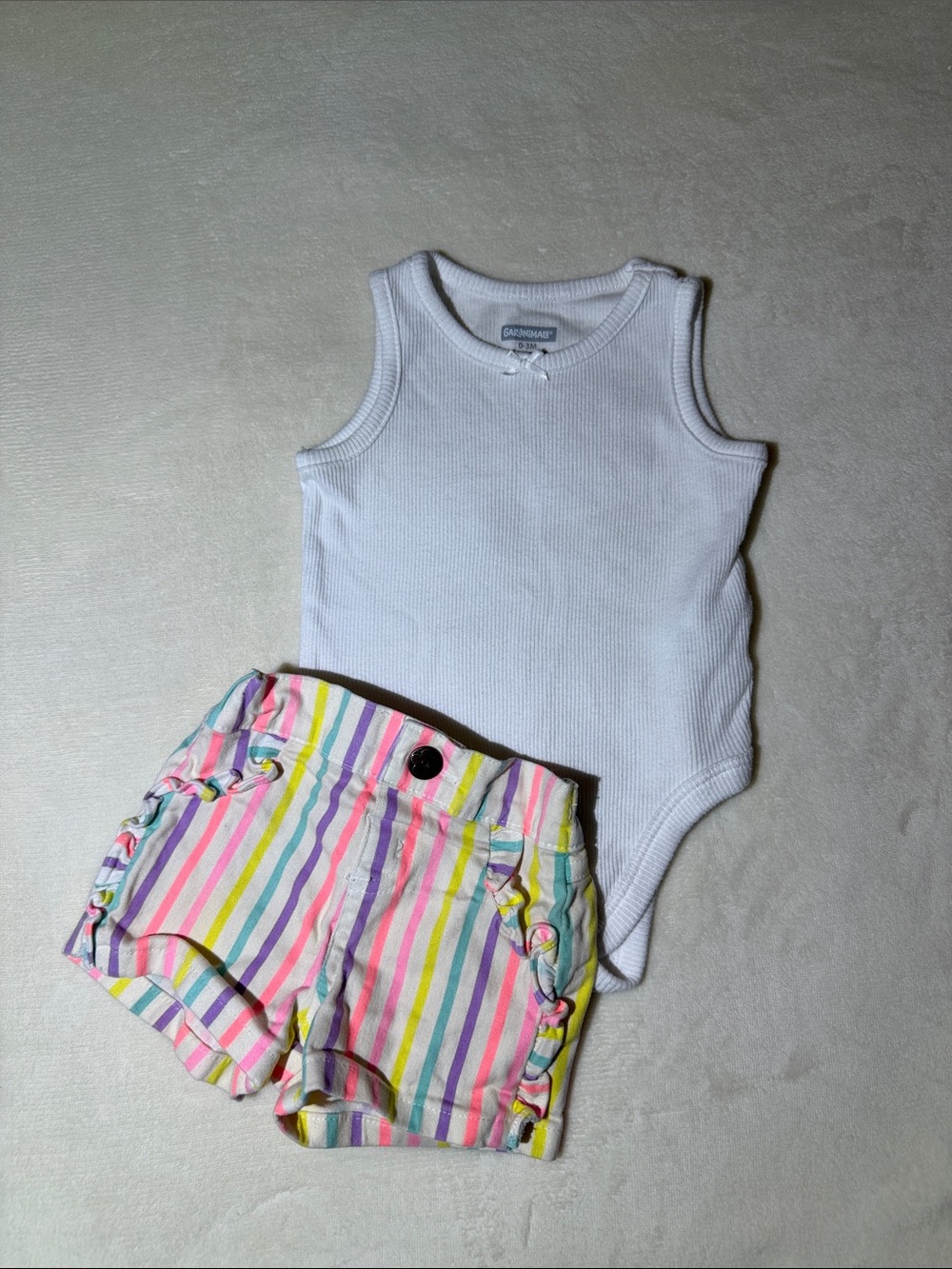 White Ribbed TankTop with Pastel Striped Shorts